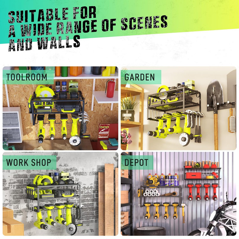 Organisateur d'outils électriques, fer robuste, support de rangement à 3 couches avec 4 supports de perceuse, tablette à outils flottante murale, noir mat, atelier, garage, capacité de charge de 150 lb