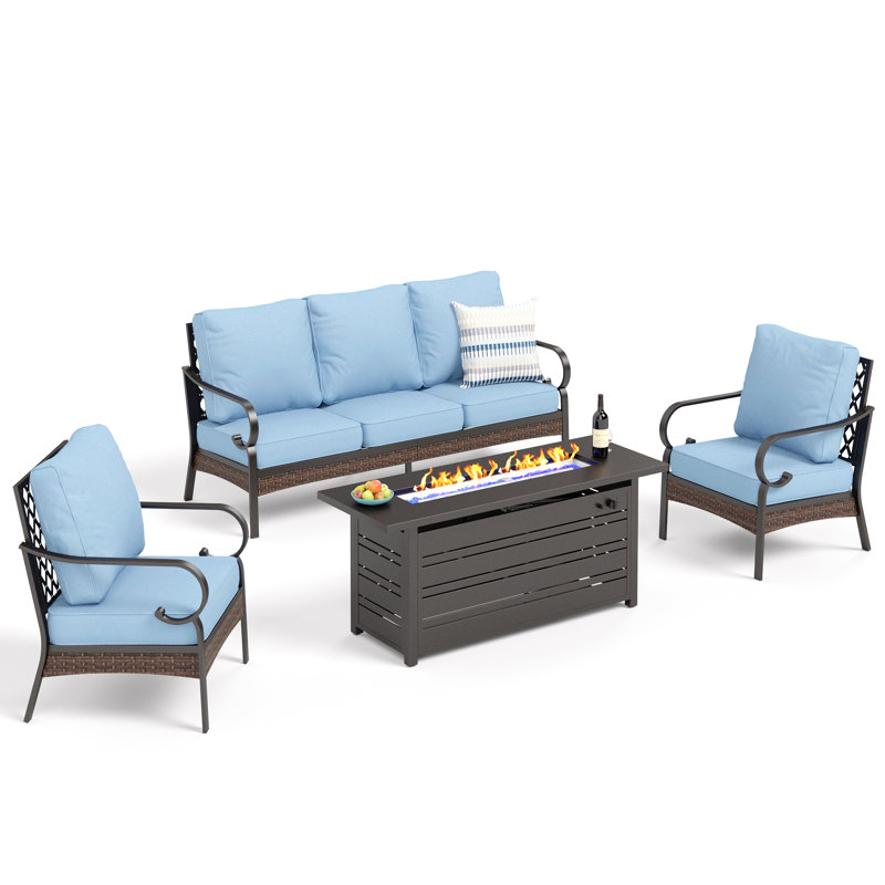 5-Person Patio Conversation Sets With Fire Pit Table, Black/Blue/Black
