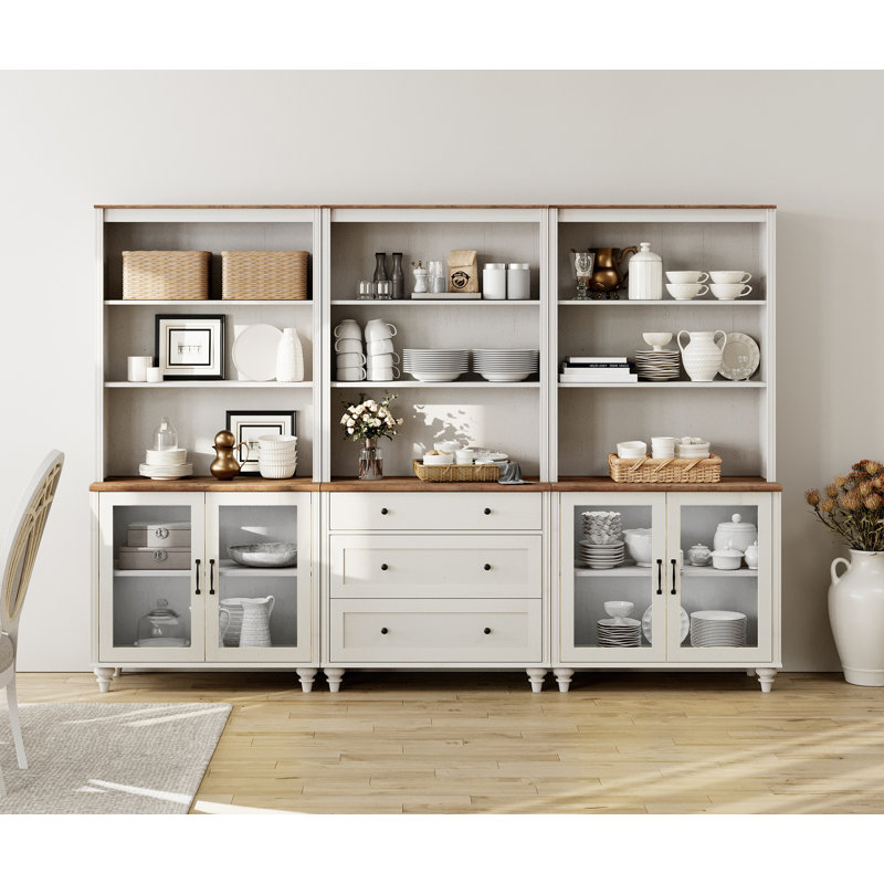 Sideboard Cabinet With Bar Hutch, Buffet Cabinet With 4 Glass Doors, 3 Drawers And 3 Tier Shelves, White, 101''