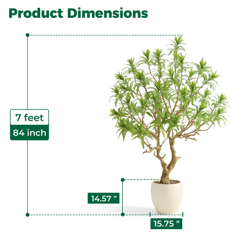 Arbre artificiel de luxe de 7 pi, grand Dracaena Reflexa avec pot de fleurs d'étude, look stéréo luxuriant pour la maison, décoration de bureau