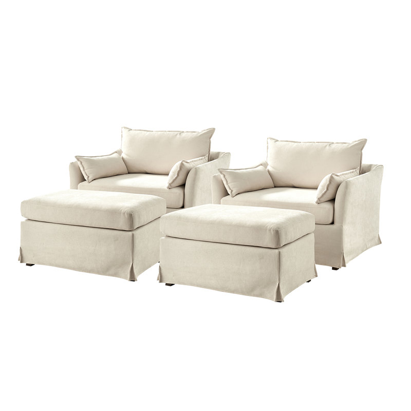 Cario 45"W Farmhouse Oversized Slipcovered Armchair With Ottoman and Casters, Ivory Polyester
