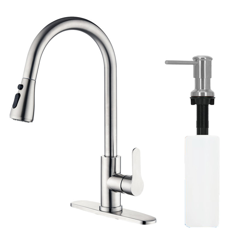 Stainless Steel Single-Handle Pull-Down Sprayer Kitchen Faucet with Soap Dispenser