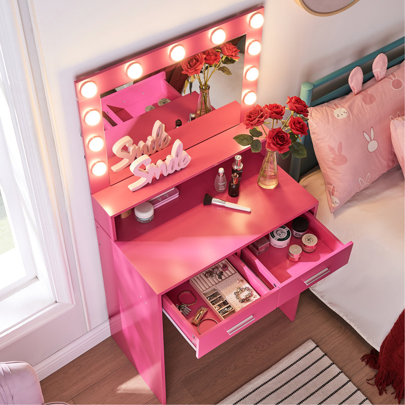 Coiffeuse rose avec style avec 11 ampoules, miroir, 2 tiroirs spacieux, 3 réglages d'éclairage pour la chambre à coucher