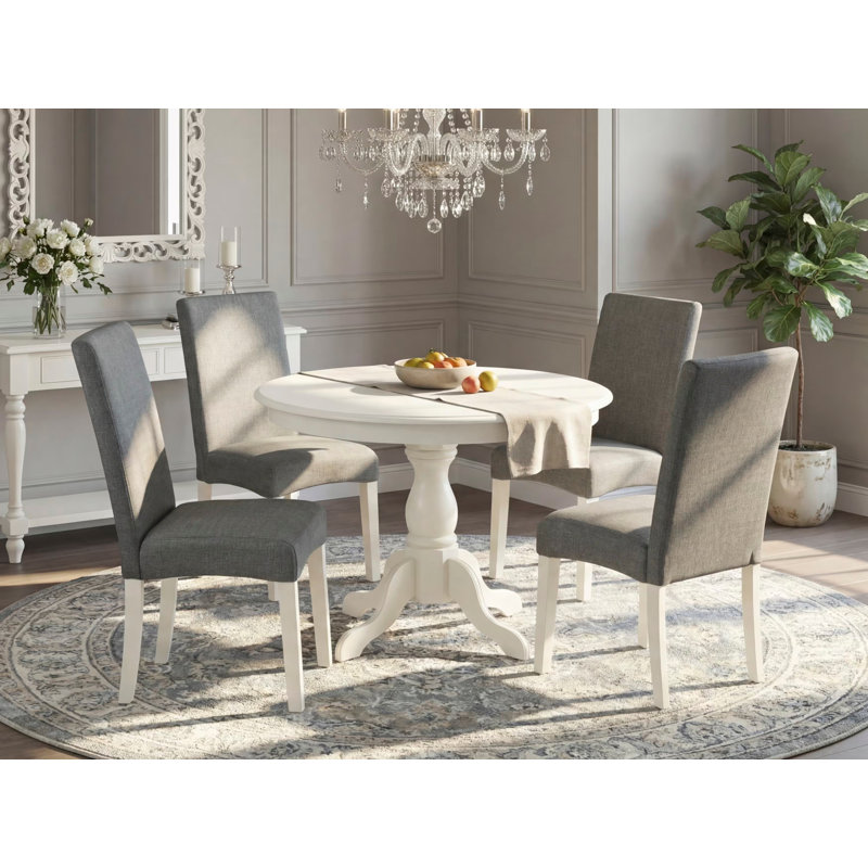 Ensemble de table de salle à manger 5 pièces comprenant une table de cuisine ronde avec piédestal et 4 chaises de salle à manger Parson en tissu gris, lin blanc