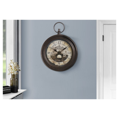 Horloge murale ronde 18 "en brun antique avec imprimé aviateur et montre de poche rétro