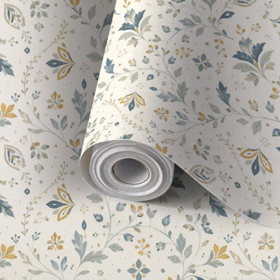 Peel and Stick Wallpaper Contact Paper French shabby chic damask Dainty flower blue yellow seamless Hand Self Adhesive and Removable 24in x 118in(60x300cm)