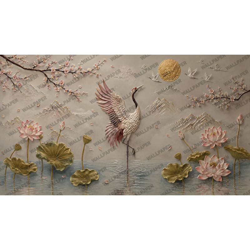 Papier peint japonais avec grue japonaise et fleurs de cerisier, L 140 x L 90, Vinyle