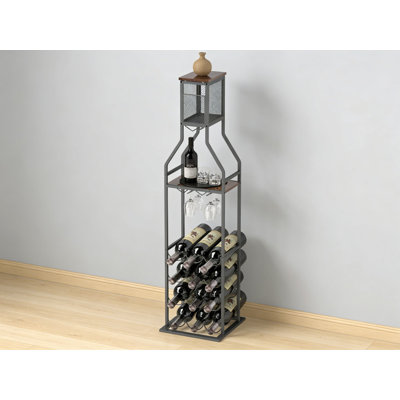 Industrial Metal Wine Rack For 12 Bottles With Glass Holder And Hidden Cork Storage, Freestanding Wine Bottle Organizer For Home Bar, Kitchen, Or Dining Room
