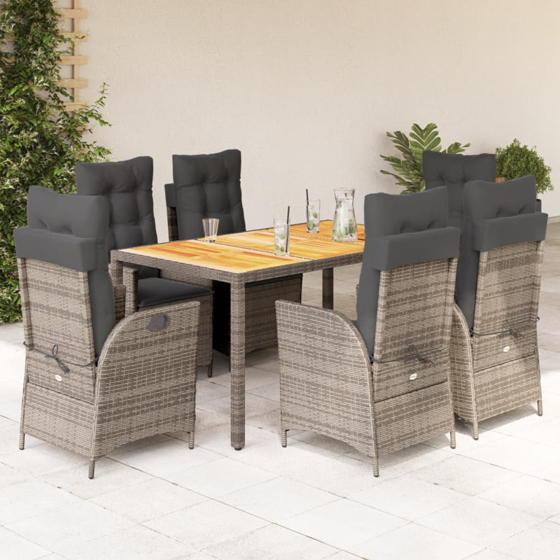 Dakota Fields 7 Piece Patio Dining Set With Cushions Gray Poly Rattan, Light Brown/Gray, 29.5" H x 35.4" L x 59.1" W