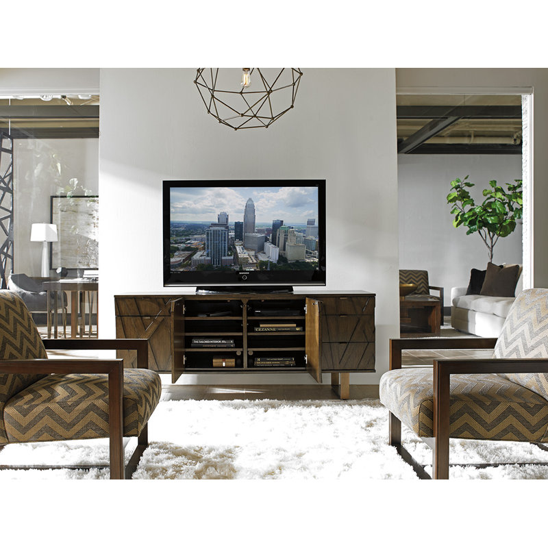 Transitional White Oak Media Center with Asymmetrical Wooden Overlays