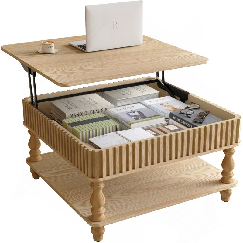 31.5 Inch Square Fluted Lift-Top Coffee Table With Hidden And Open Storage, Hydraulic Raising Mechanism, Retro Solid Wood Legs For Living Room, Sofa (Natural Wood)