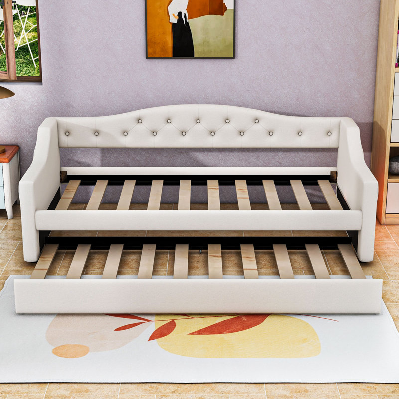 Twin XL Upholstered Daybed with Pull-out Twin XL Trundle and Integrated LED Lighting, Beige
