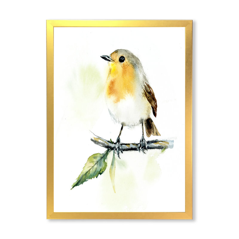 Petit oiseau sur une branche - peinture sur toile, Toile encadrée d'or, H 20 po x l 12 po x P 1,5 po