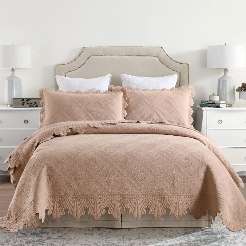 Tkembroidery Cotton Abstract Bedding, King Quilt + 2 King Shams, Pale Taupe Camel