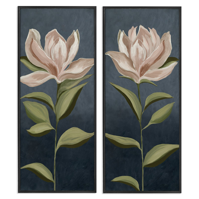  «Pink Petaled Blooms 2 PC», ensemble d'art giclée par Jacob Q, H 24 po x l 10 po, Giclée encadrée noir minuit