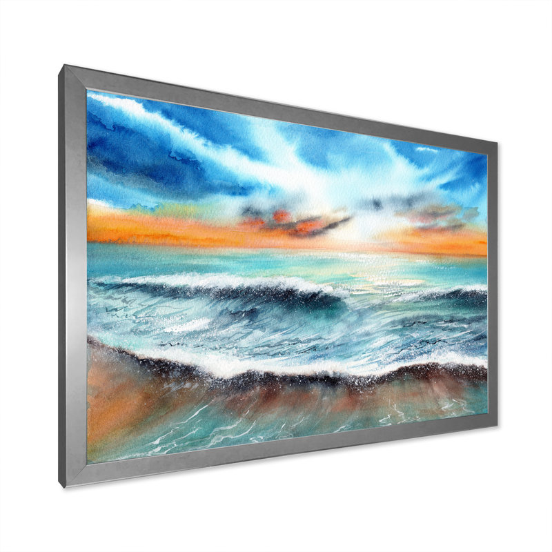 Coucher de soleil sur la mer avec un ciel bleu et orange - reproduction sur toile, H 24 po x l 32 po x P 1 po