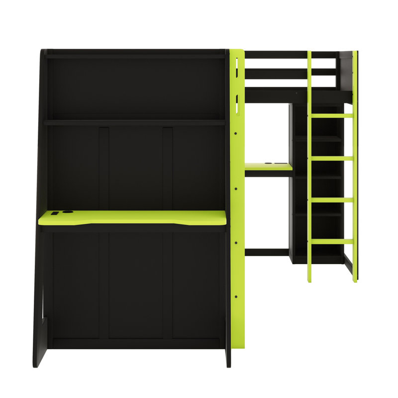 L-Shaped Wooden Gaming Bed Frame With RGB LED Lights, Dual Beds, USB Ports, TV Stand & Storage Shelves, Reversible Layout, Space-Saving Wood Loft Bed For Teens & Adults