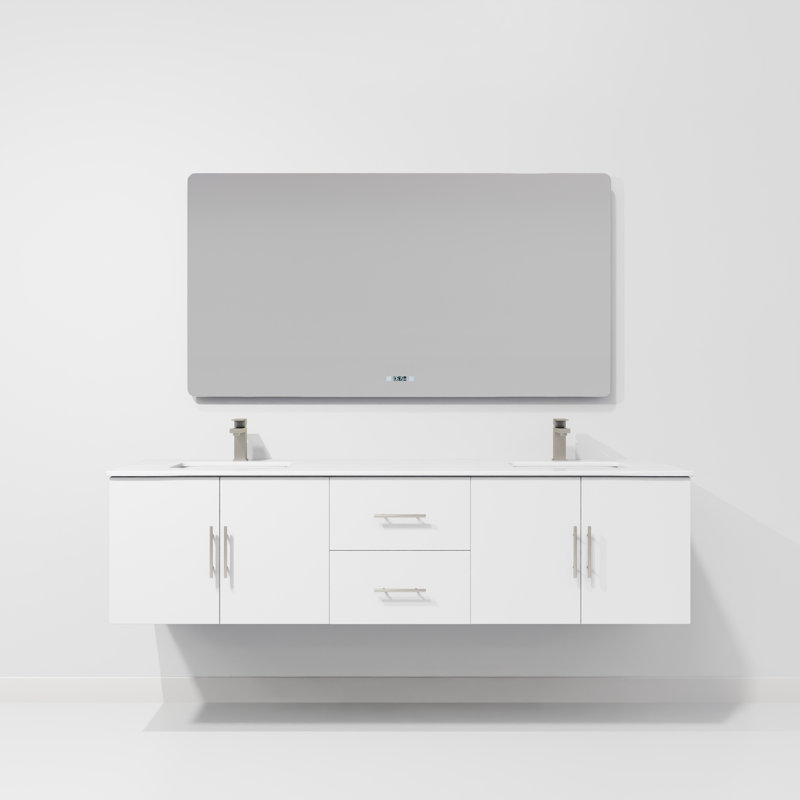 Geneva 72" Wall-Mounted Double Bathroom Vanity Set with Mirror, Glossy White, White Cultured Marble