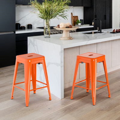 Metal Bar Stools Set of 2, Counter Height Bar Stools 24 Inches Industrial Bar Chairs Patio Stool Indoor-Outdoor Counter Height Stools with Square Seat