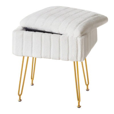 Vanity Stool Chair With Storage, Faux Fur Makeup Chair With Metal Legs, Small Footrest For Bedroom by Mercer41