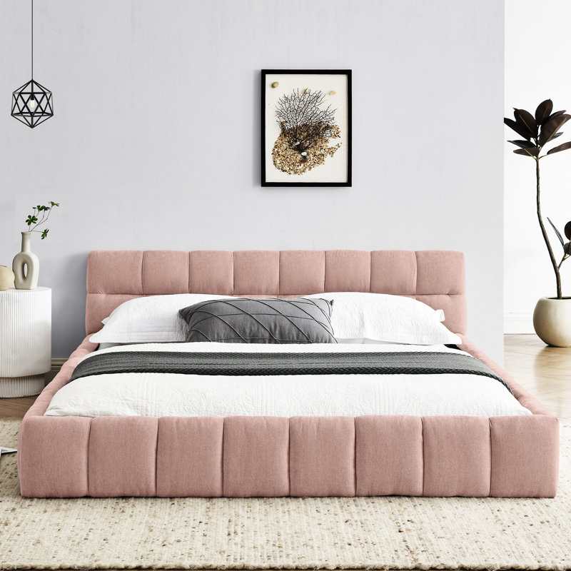 Structure de lit grand format - plateforme en chenille rose avec tête de lit et revêtement solide, Rose