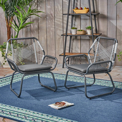 Stylish Club Chairs With Rope And Steel Construction, Gray White Cushions, Water , Of 2 Chair Pair - Fashionable Backyard Chairs. Frame In Gray. Cushions For Maximum Comfort. 27.91" Deep X 27"