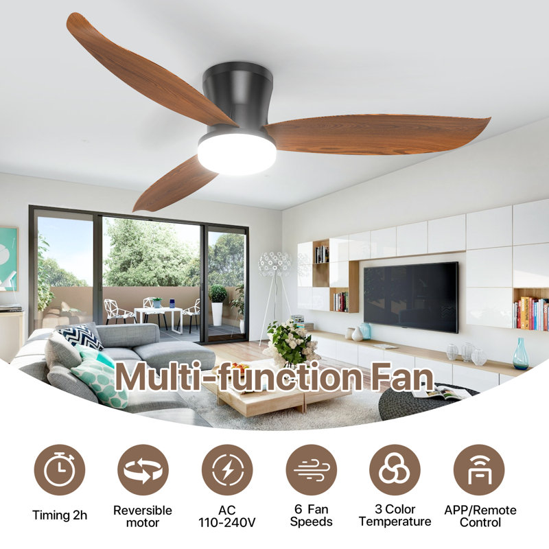 Modern Ceiling Fan with Light and Remote/App Control, 3 Color Temperatures LED, 6 Speed Quiet DC Motor, Reversible, Dimmable, Timer, Brown Blades, Black Housing, Living Room Bedroom