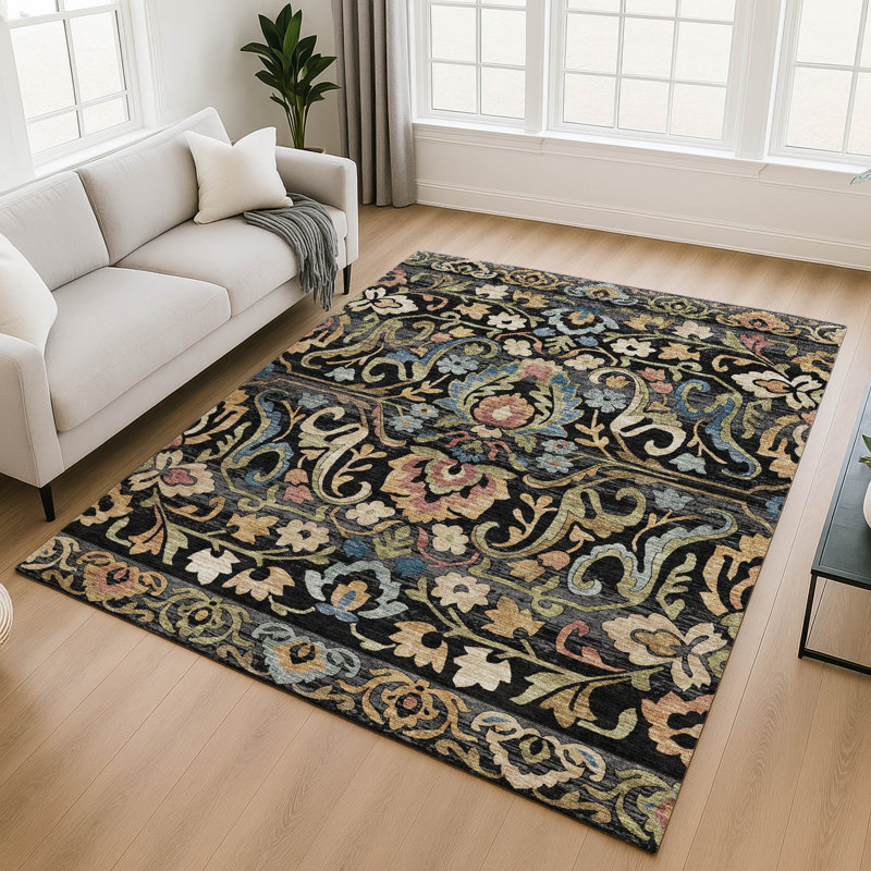Premium Machine Washable Mayfield AMF2193 floral Rug, 2'6" x 3'10", Black