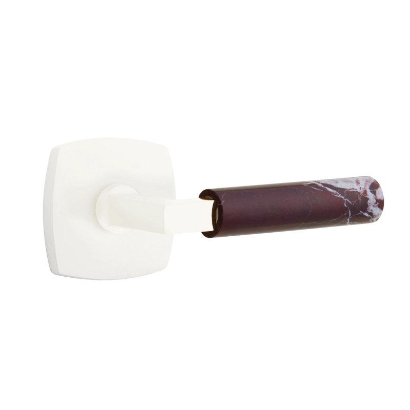 Emtek Select Privacy Leverset w/ Urban Modern Rosette & L-Square Stem, Rosso Levanto Marble Lever, Matte White, Left