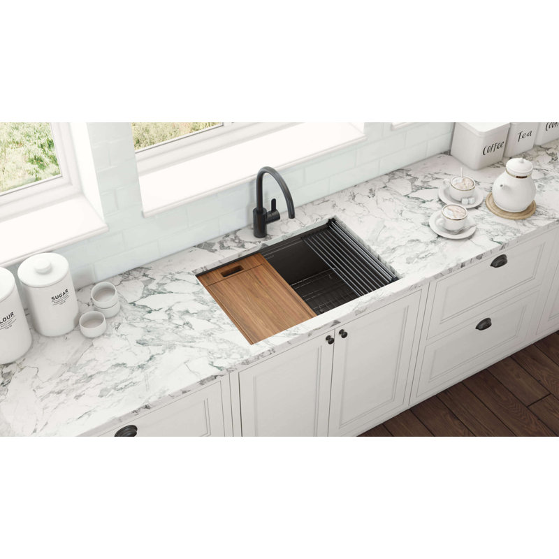 Workstation 33" L x 19" W Undermount Kitchen Sink with Sink Grid, 30" L x 19" W, Matte Black