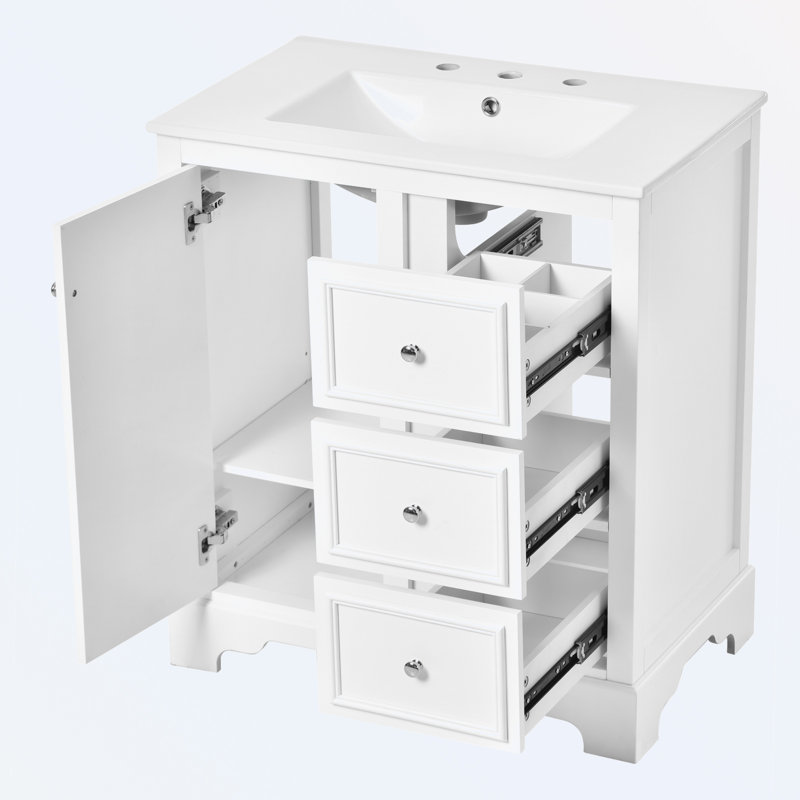 Meuble-lavabo avec lavabo, 3 tiroirs, tablettes réglables, Blanc