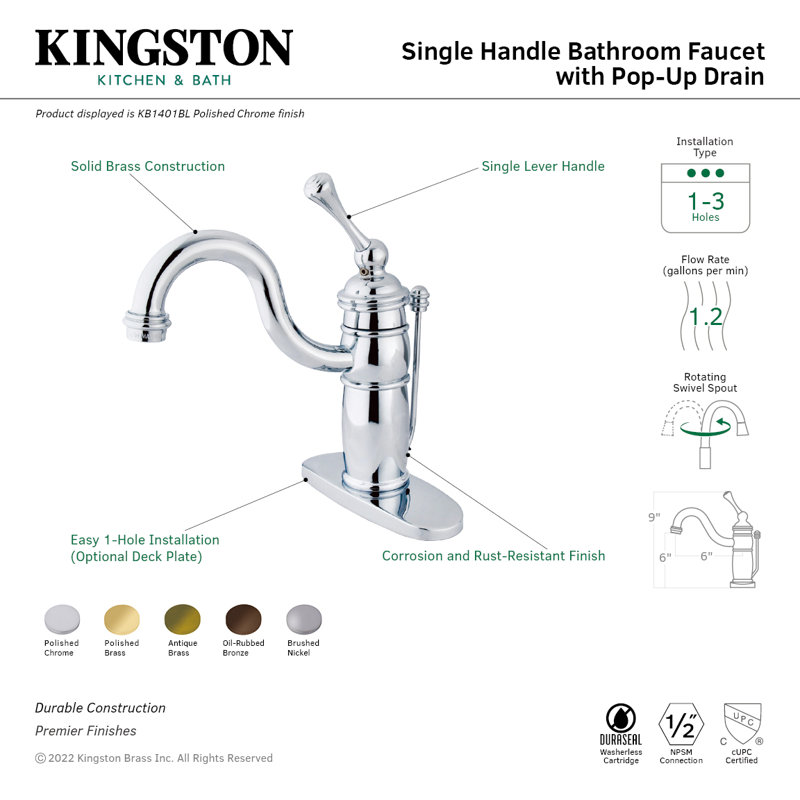 Kingston Brass Victorian Single-Handle 1-Hole Deck Mount Bathroom Faucet with Plastic Pop-Up, Polished Brass