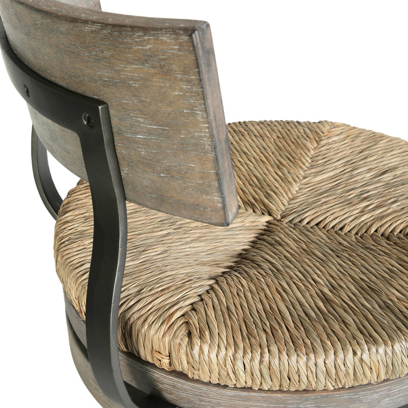 Tabouret de bar 31 po avec siège en ruppie naturelle, cadre gris récupéré, retour automatique à 180 degrés et supports en acier noir pour sièges supplémentaires en vin avec supports automatiques en bois, patins en plastique