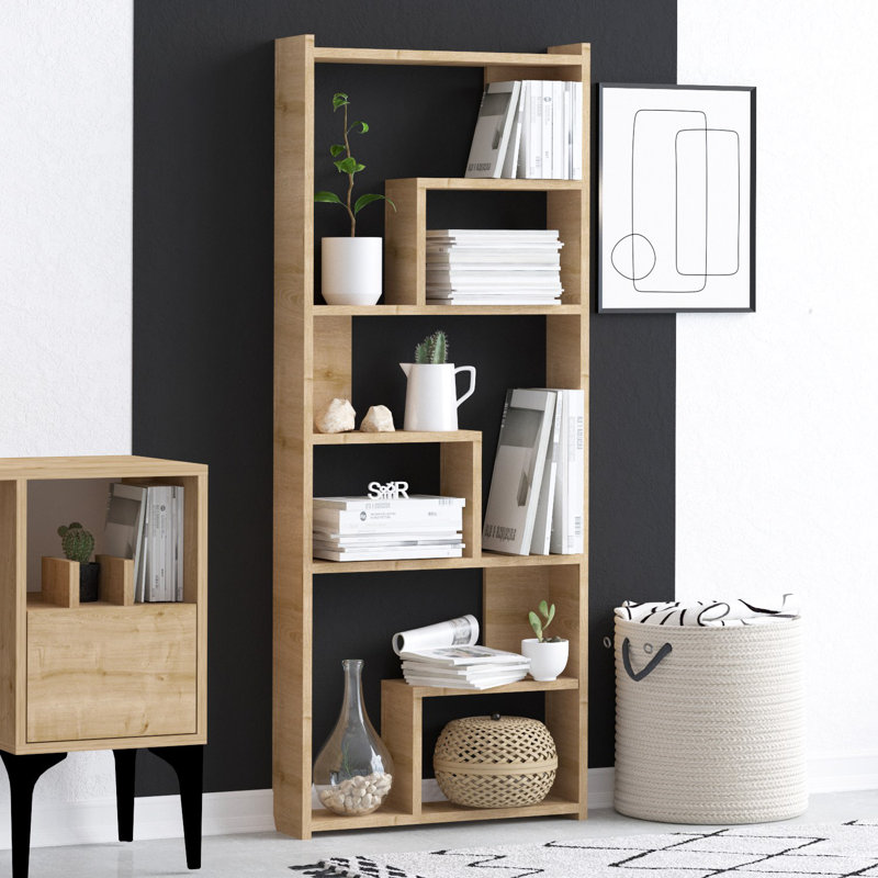Bibliothèque moderne en chêne, 60 x 59,1 x 5,9 pouces | 100% panneau de particules enduit de mélamine, épaisseur: 0,7 pouce | Nombreuses tablettes pour un rangement maximal | Conception élégante de couleur unie pour la maison ou le bureau