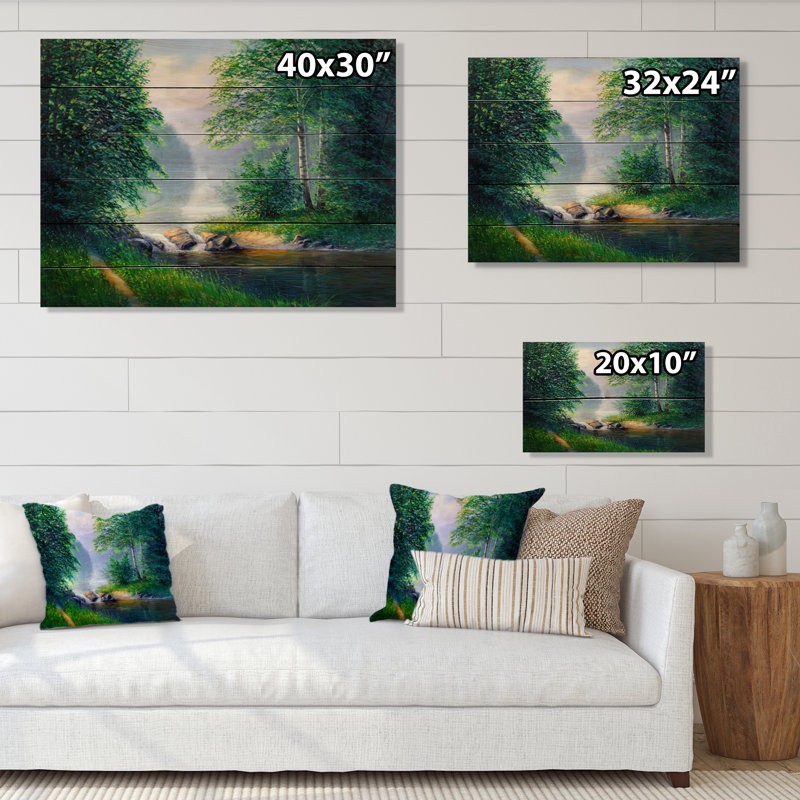 Paysage d'été d'une rivière forestière - peinture sur bois sans cadre, H 30 po x l 40 po x P 1 po