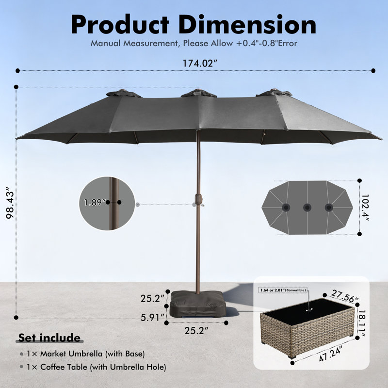 Parasol de marché rectangulaire avec base et table basse 14,5 pi x 8,5 pi, Gris
