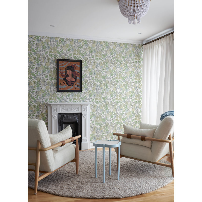 Papier peint chardonneret turquoise oiseaux et fleurs, Vert