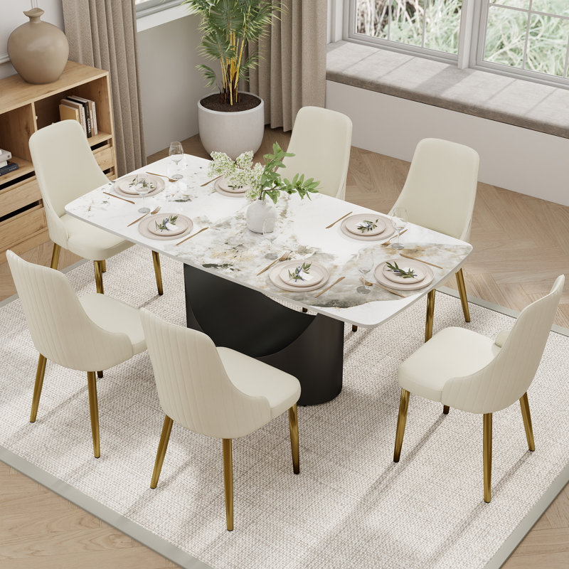 Modern Rectangular Sintered Stone Dining Table with Pedestal Base, 29.53"H x 70.9"L x 35.4"W, White, Black