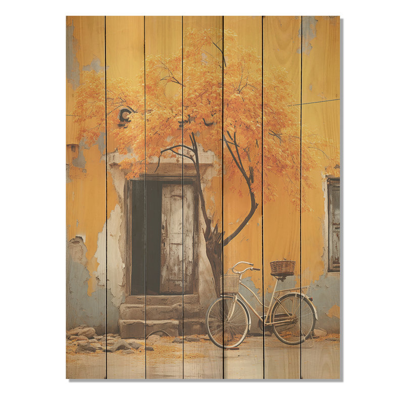 Fleurs printanières jaunes, vélo I - bicyclette sur bois, H 44 po x l 34 po