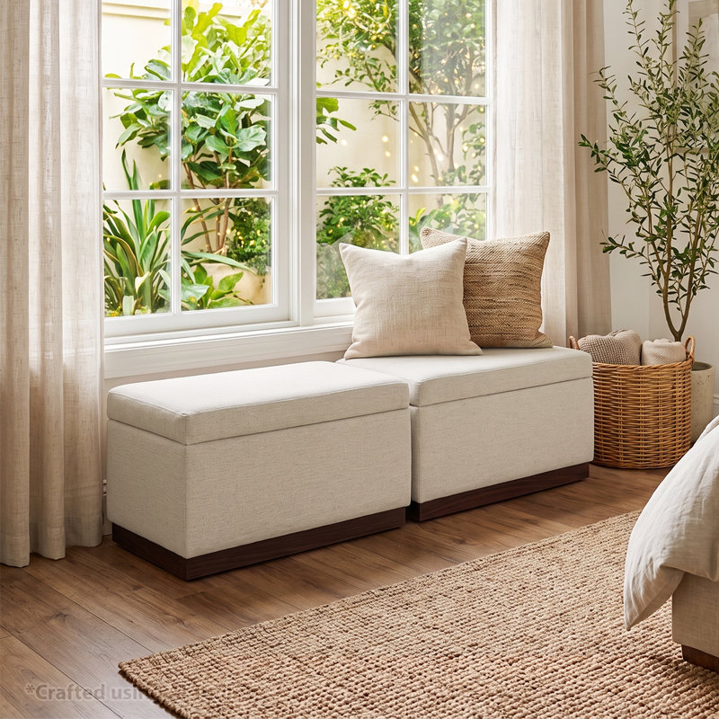 Ensemble de 2 bancs de repose-pieds rembourrés avec rangement pour chambre à coucher, bout de lit, entrée et salon, Beige