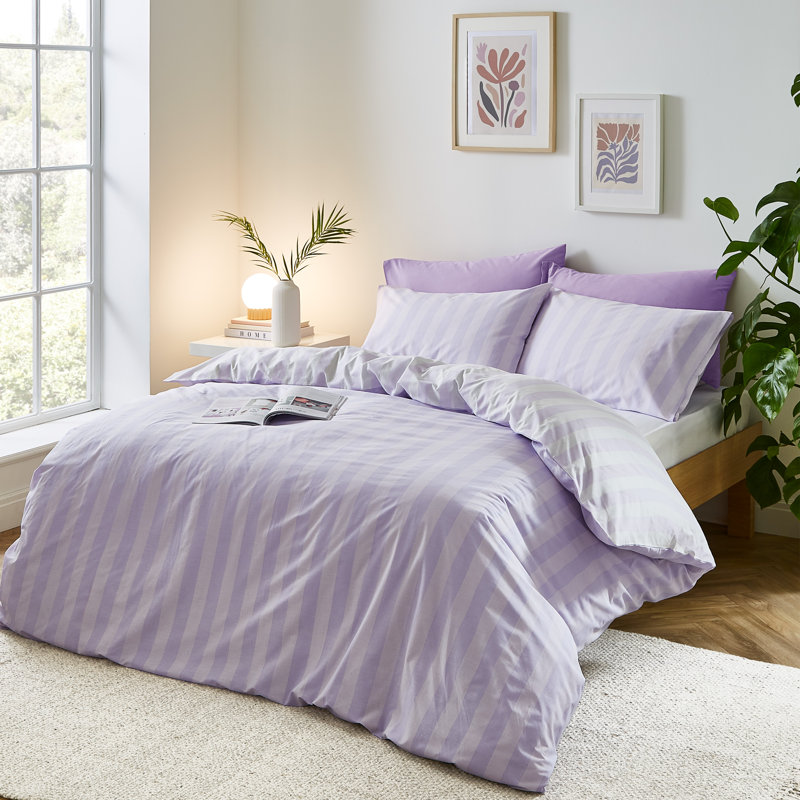 Stripe Tease Reversible Duvet Cover Set with Pillowcases, White/Light Purple, Single Duvet Cover + 1 Standard Pillowcase