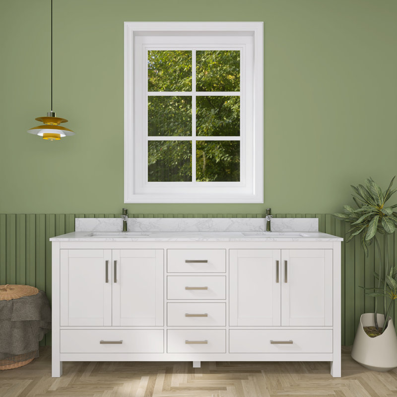 Meuble-lavabo sur pied 72 po avec lavabo double 72 po et meuble-lavabo autoportant avec trou pour robinet (blanc)