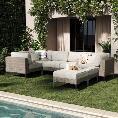  7-piece Wicker Rattan Patio Furniture Set, Deep Seating Outdoor Modular Sectional Sofa Conversation Set With Thick Cushions For Lawn, Garden