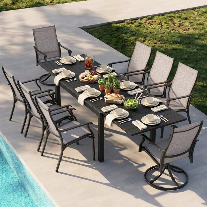 Ensemble de salle à manger d'extérieur 9 pièces en aluminium textilène, table extensible