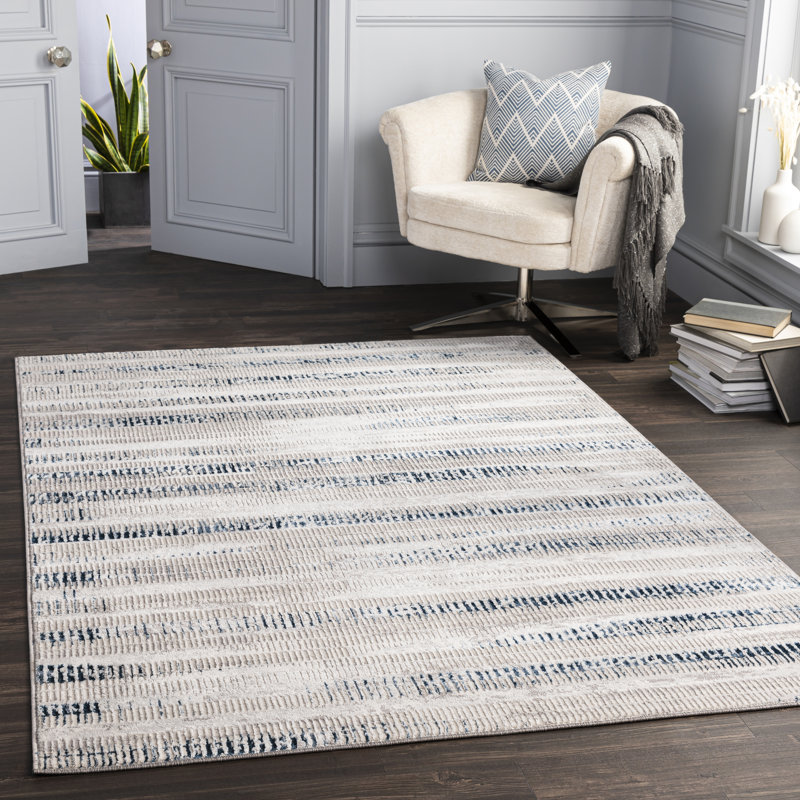 Tapis bleu foncé / beige tissé à la machine Addilyn, Rectangle 9 pi x 12 pi