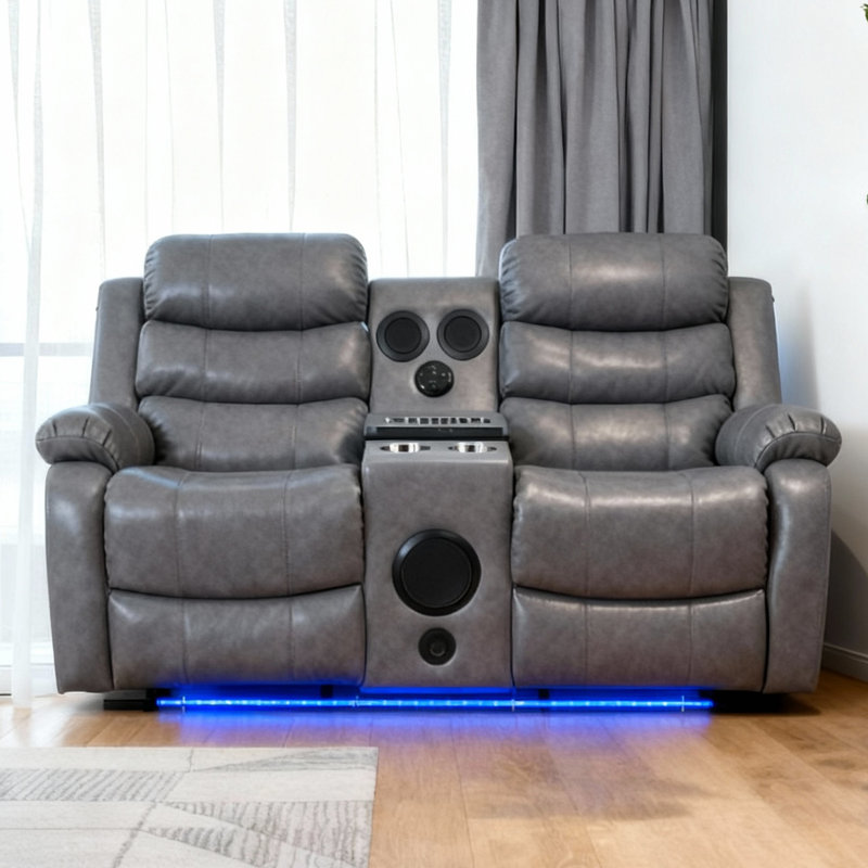 Causeuse en similicuir 68,89 po avec inclinable et haut-parleurs Bluetooth, Gris
