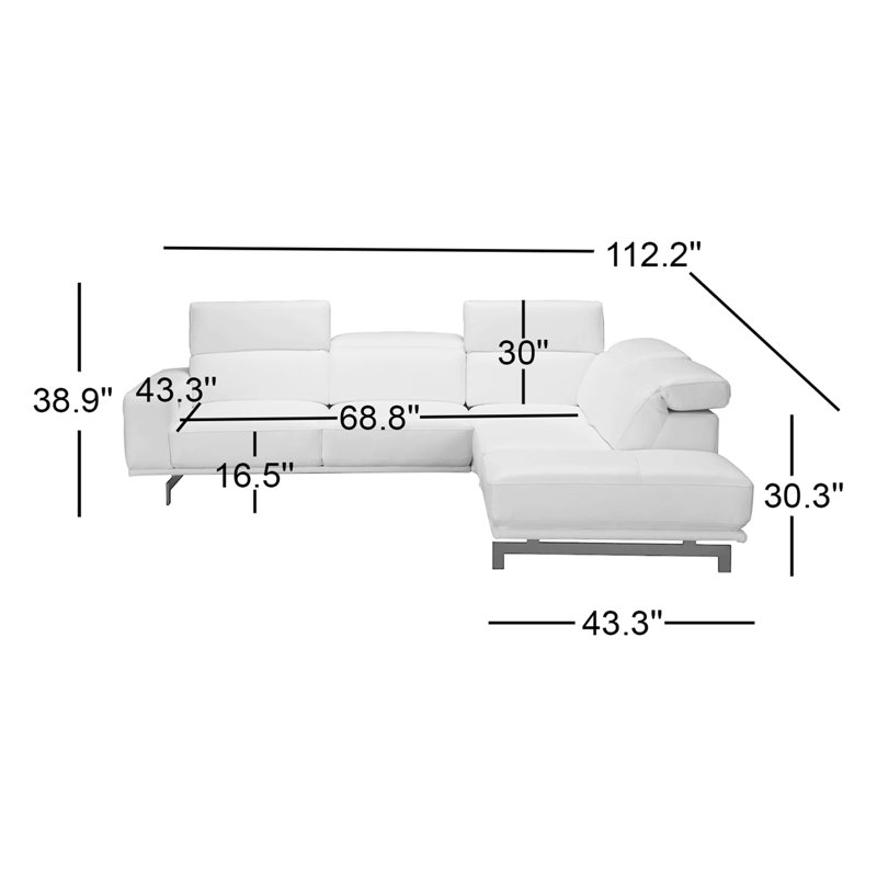 Velazco Upholstered L-Shaped Sectional, Light Grey Genuine Leather, Right Hand Facing