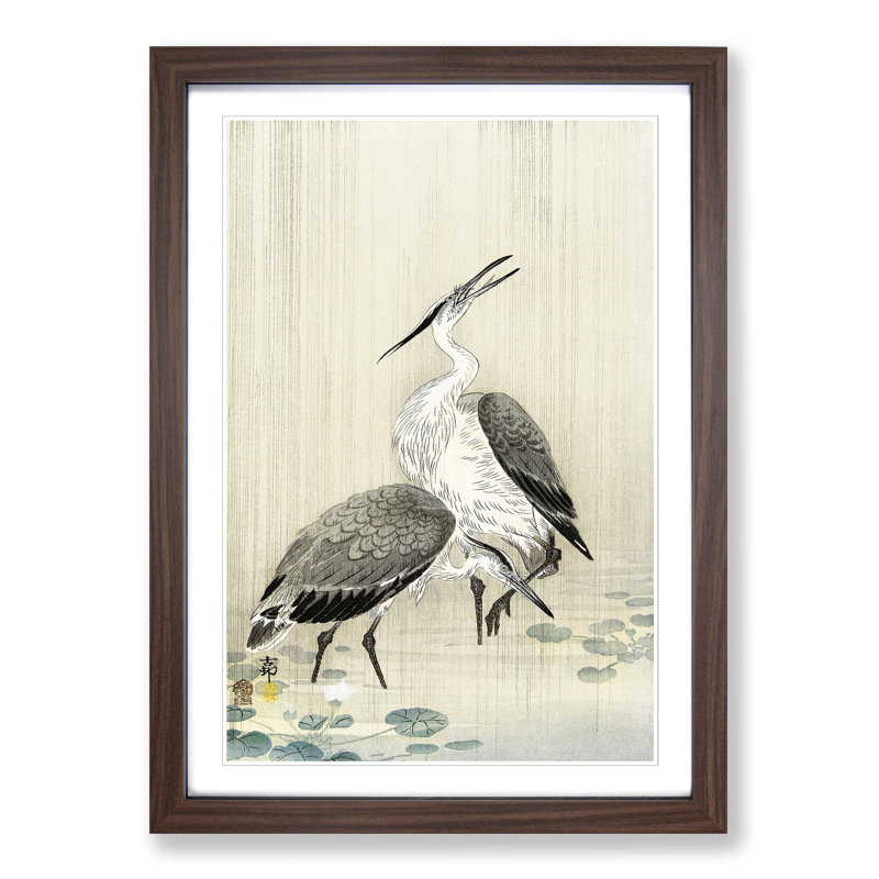 Two Herons in the Rain by Ohara Koson - Picture Frame Painting Print, Walnut Framed, 36cm H x 27cm W x 2cm D