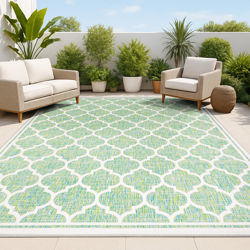 Trebol Moroccan Trellis Textured Weave Cream/Green Indoor/Outdoor Rug, Rectangle 3'1" x 5'
