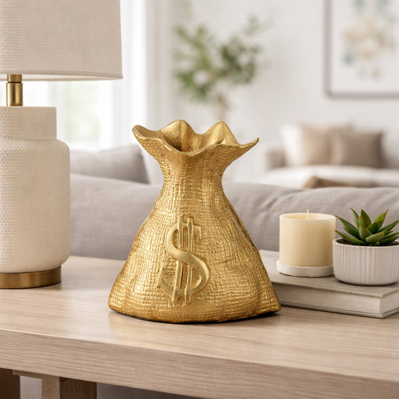 Modern Metal Money Bag Figurine Sculpture for Tabletop Home Decor - Decorative Object Statue Accent for Living Room Decoration - 8", Gold & Metallic